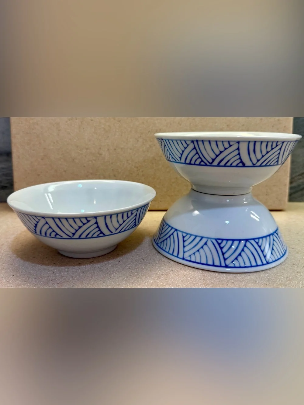 Blue Wave Geometric Pattern Porcelain Serving Rice Bowls - Set of 3 White w/Blue